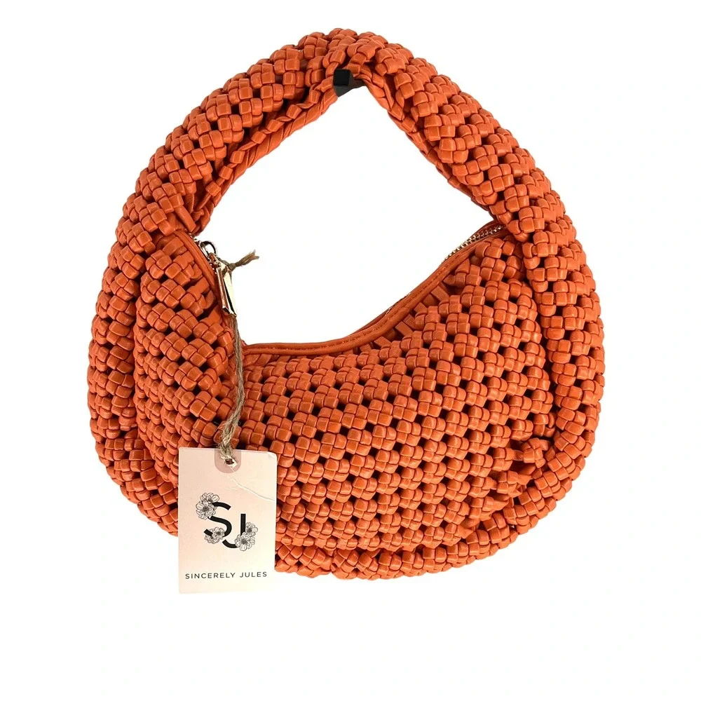 Sincerely Jules Orange Woven Crescent Hobo Shoulder Bag Vegan Leather NWT Resort - Picture 1 of 7